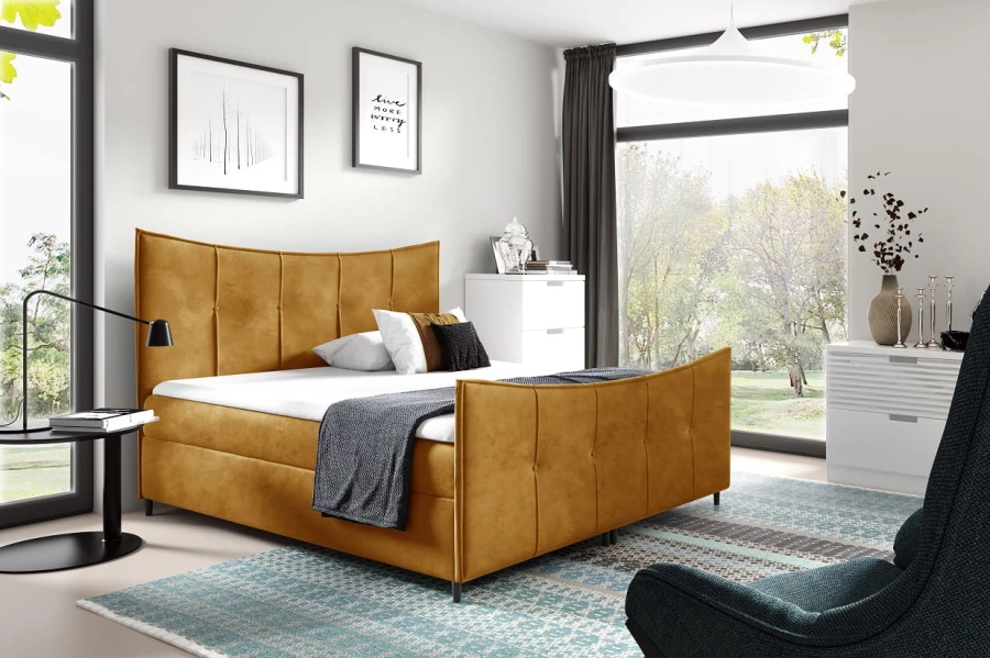 Senfgelbes Samt-Polsterbett als Blickfang im modernen Schlafzimmer.