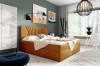 Senfgelbes Boxspringbett mit Samtstoff und strukturiertem Kopfteil in modernem Ambiente.