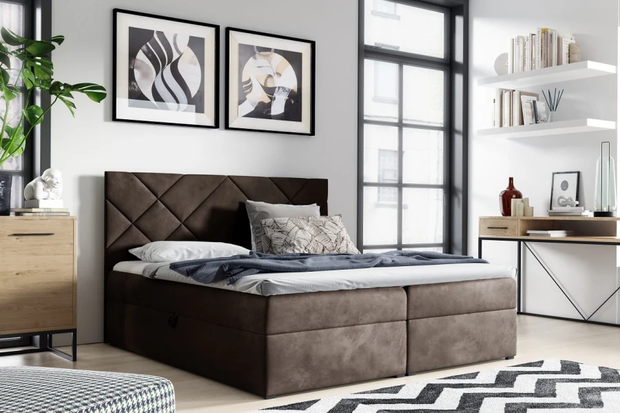 Dunkelbraunes Boxspringbett mit Rautensteppung am Kopfteil in modernem Schlafzimmer.