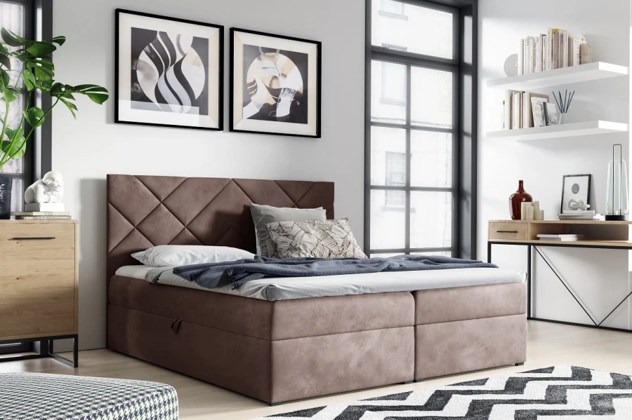 Stilvolles Boxspringbett in Taupe mit gestepptem Kopfteil im modernen Schlafzimmer.