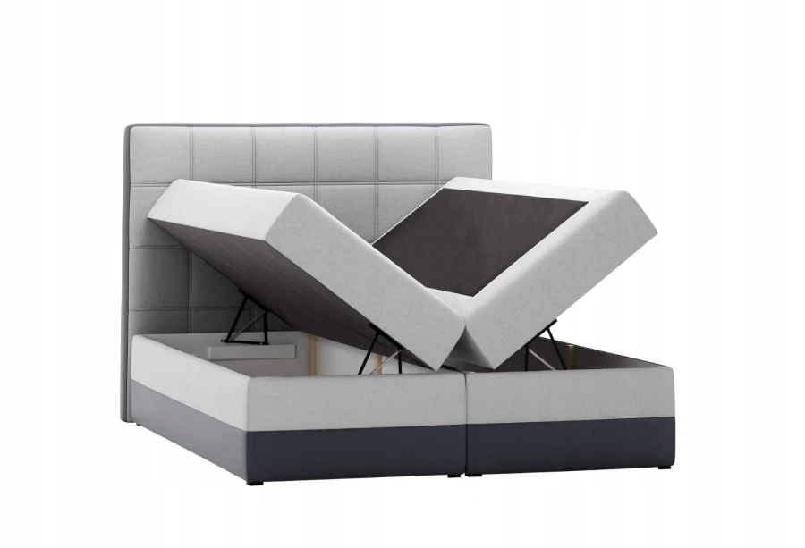 Graues Boxspringbett mit Stauraum und gestepptem Kopfteil vor weißem Hintergrund.
