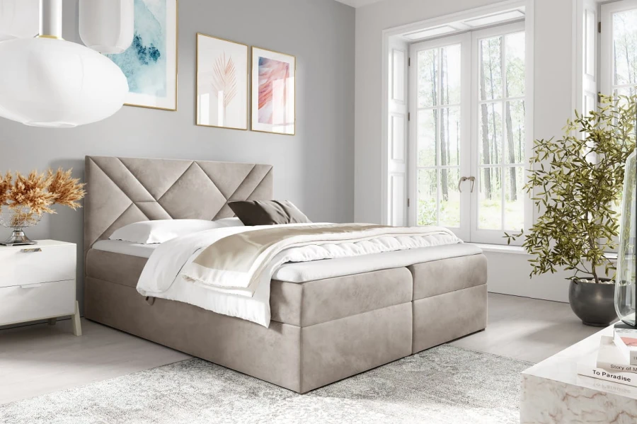 Helles beiges Polsterbett mit Rautenmuster-Kopfteil in modernem Schlafzimmer.