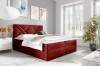 Rotes Polsterbett mit geometrischem Kopfteil-Design in modernem Schlafzimmer.