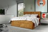 Senfgelbes Samtbett Boxspring Design mit Rautensteppung und modernen Wohnelementen.