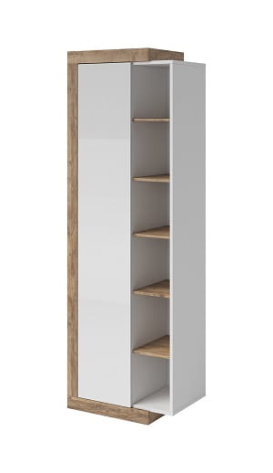 Hoher weißer Schrank mit Holzdekor und offenen Regalböden.
