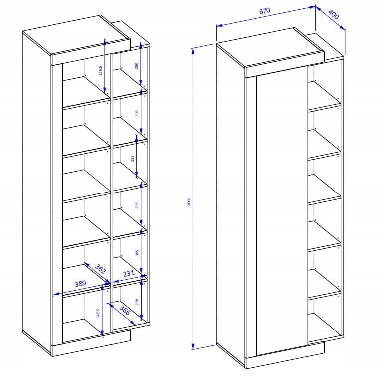 Maßzeichnung eines schmalen Hochregals mit 200 cm Höhe und Fachmaßen.