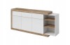 Sideboard in Weiß Hochglanz und Eiche mit Türen und seitlichem Regal.