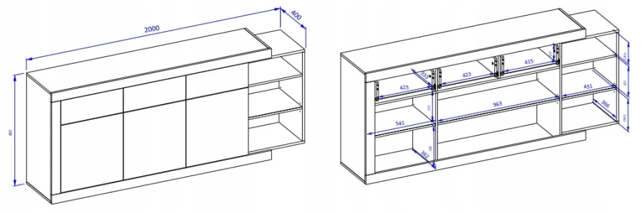 Technische Zeichnung Sideboard mit Maßen 2000x857x400 mm in Weiß und Eiche.