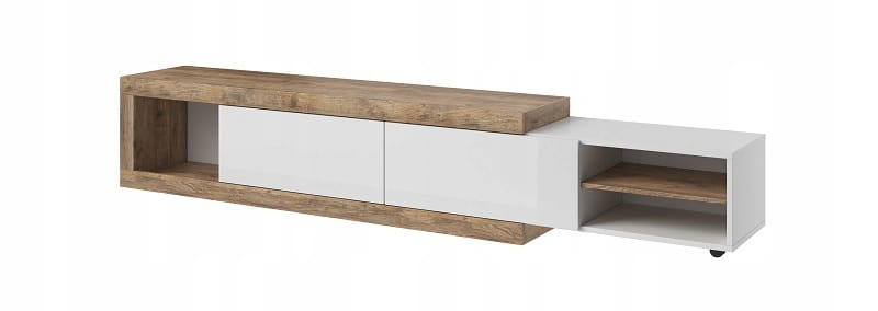 Stilvolles Lowboard für Fernseher in Eiche-Dekor und Weiß Hochglanz für das Wohnzimmer.
