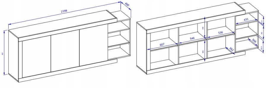 Maßzeichnung und Abmessungen für das Sideboard zur Planung der Wohnzimmereinrichtung.