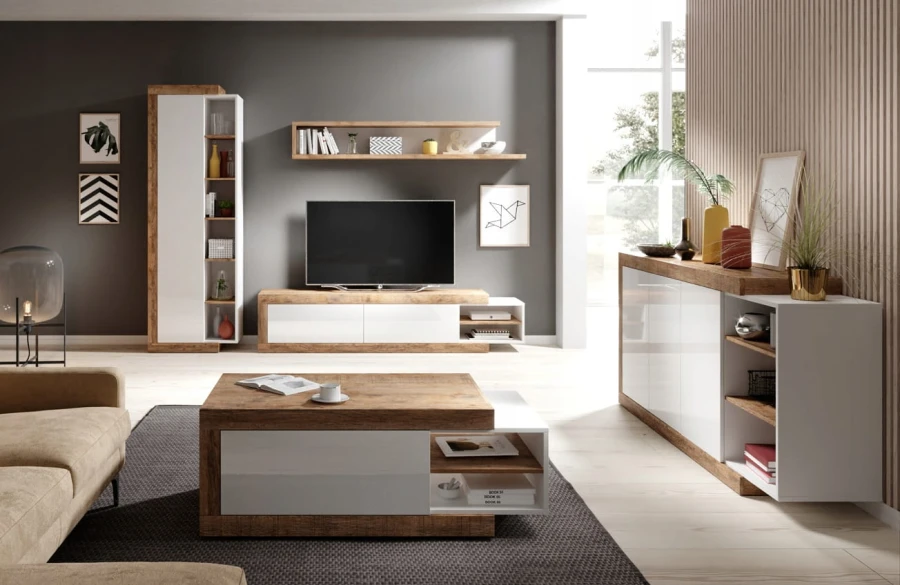 Wohnzimmer Einrichtungsidee mit passenden Möbeln wie TV-Board, Couchtisch und Sideboard.