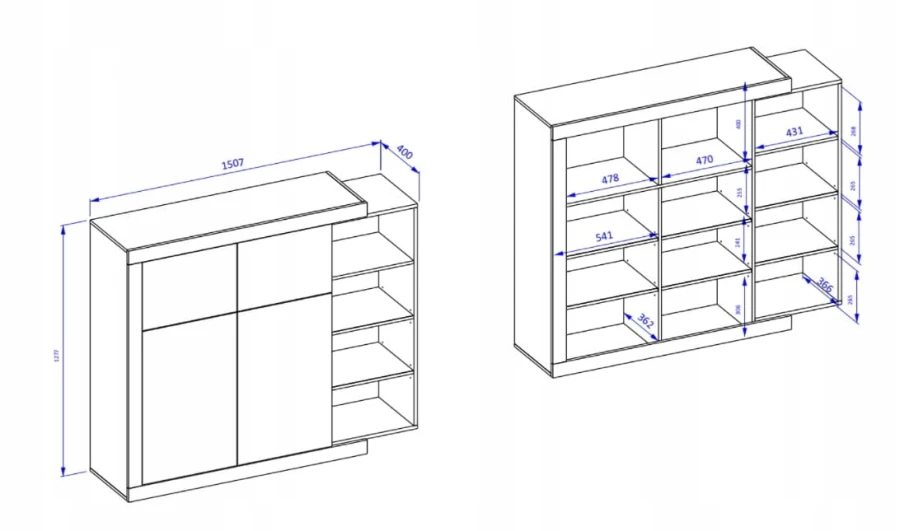 Maßskizze für ein Sideboard mit Abmessungen der Fächer und Gesamthöhe in Millimetern.