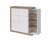 Modernes Sideboard in Weiß-Hochglanz mit offenen Regalen in Eichen-Optik.