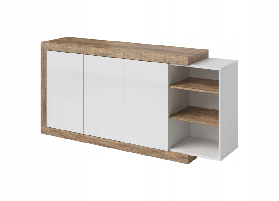 Elegantes Sideboard in Weiß Hochglanz und Holzoptik mit drei Türen und offenen Regalfächern.