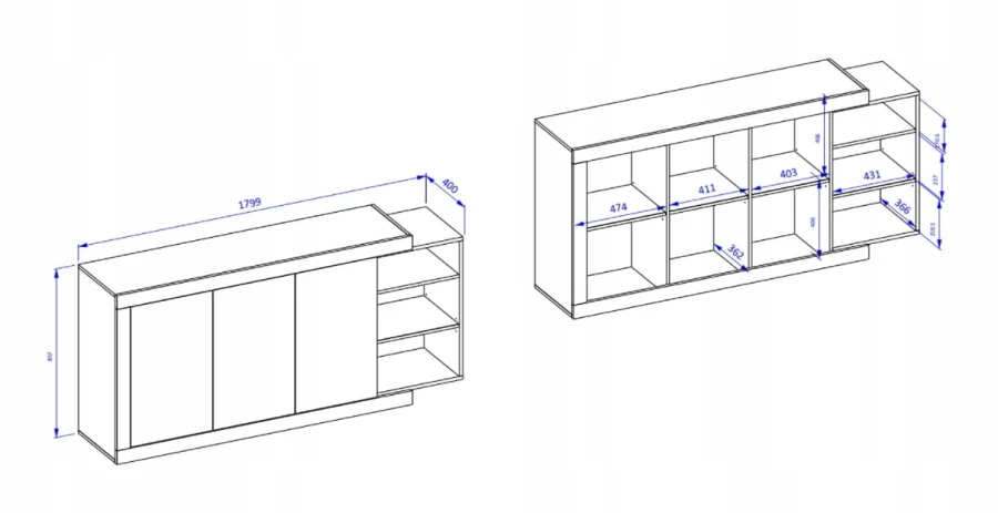 Maßskizze und Abmessungen für das Sideboard zur präzisen Raumplanung im Wohnzimmer.
