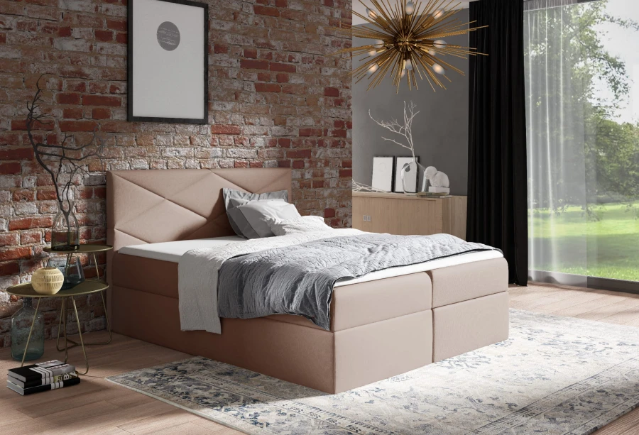 Rosa Boxspringbett in modernem Schlafzimmer-Design mit stilvoller Wanddekoration.