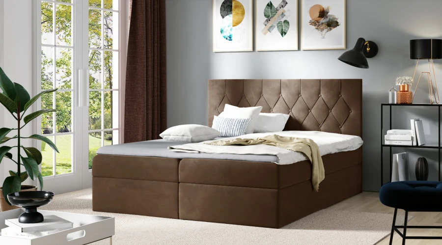 Braunes Boxspringbett mit hochwertiger Polsterung und Stepp-Kopfteil