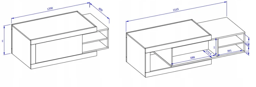 Maßzeichnung eines modernen Couchtischs mit detaillierten Abmessungen in Millimetern.