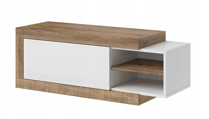 Moderner Couchtisch in Holzoptik mit weißen Fronten und integrierten Ablagefächern.