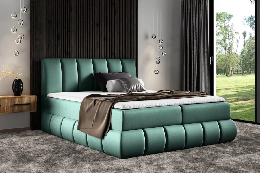 Modernes türkises Boxspringbett mit gepolstertem Kopfteil
