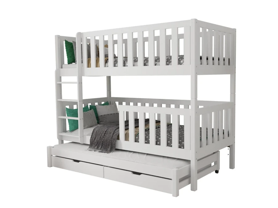 Weißes Etagenbett aus Massivholz mit Rausfallschutz, Leiter und zusätzlichem Ausziehbett.