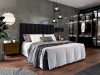 Modernes Schlafzimmer Design mit schwarzem Polsterbett und stilvoller Deko