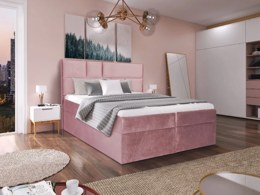 Stilvolles rosa Polsterbett mit vertikal gestepptem Kopfteil im Schlafzimmer.