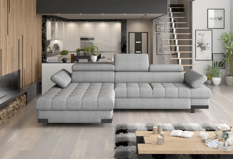 Graues L-Sofa in stilvollem Wohnzimmer mit moderner Einrichtung