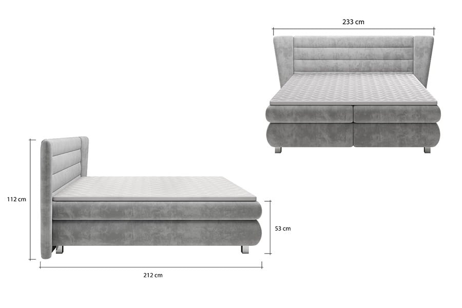 Technische Zeichnung Boxspringbett mit Maßangaben in Zentimetern.