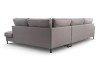Rückansicht eines grauen Ecksofas mit modernen Metallfüßen auf weißem Hintergrund.