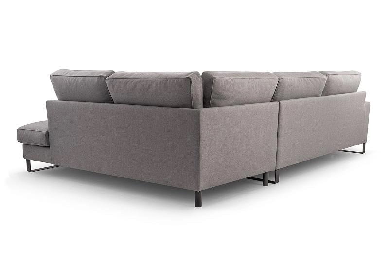 Rückansicht eines grauen Ecksofas mit modernen Metallfüßen auf weißem Hintergrund.