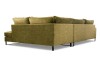 Rückansicht eines großen olivgrünen Ecksofas mit modernen schwarzen Metallfüßen.