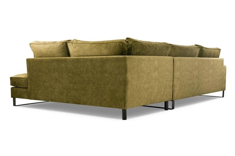 Rückansicht eines großen olivgrünen Ecksofas mit modernen schwarzen Metallfüßen.