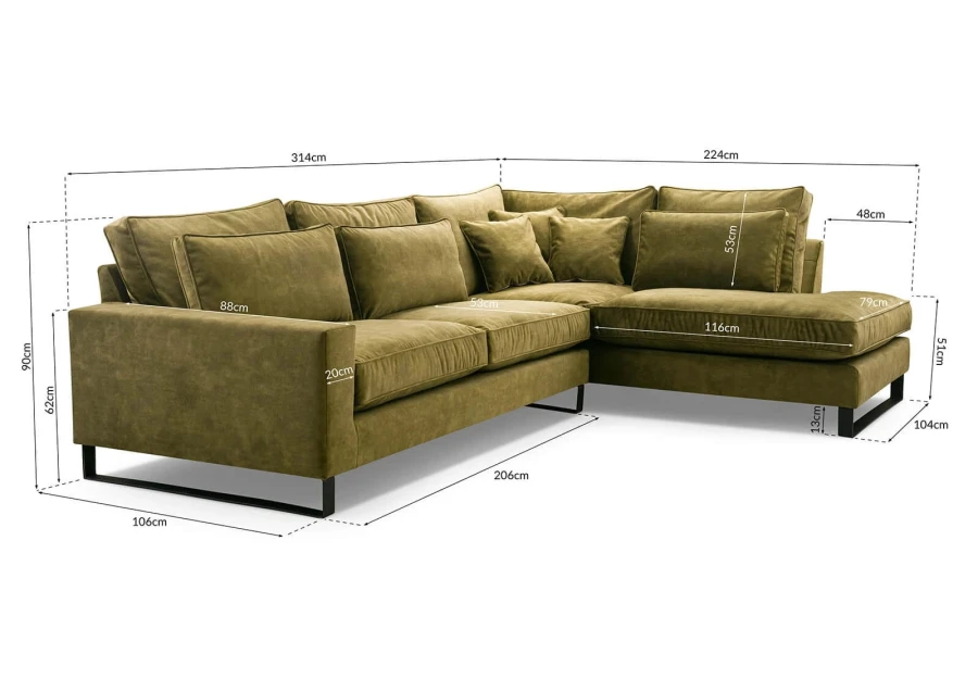 Detaillierte Maße eines olivgrünen L-Form Ecksofas, 314x224 cm, Frontalansicht.