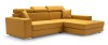 Gelbes L-Sofa mit gemütlichen Kissen und verstellbaren Kopfstützen, Ottomane auf der linken Seite.