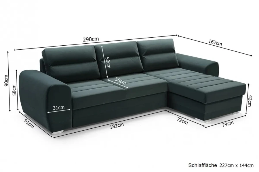 Detaillierte Maßangaben für das Ecksofa inklusive Schlaffläche und Sitzhöhe.