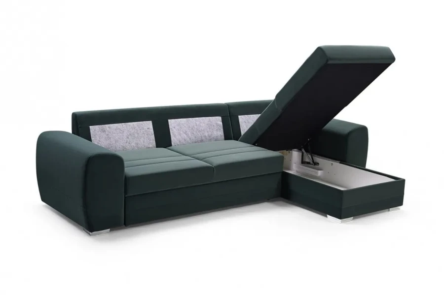 Funktionales Sofa mit aufklappbarem Bettkasten für praktischen Stauraum.