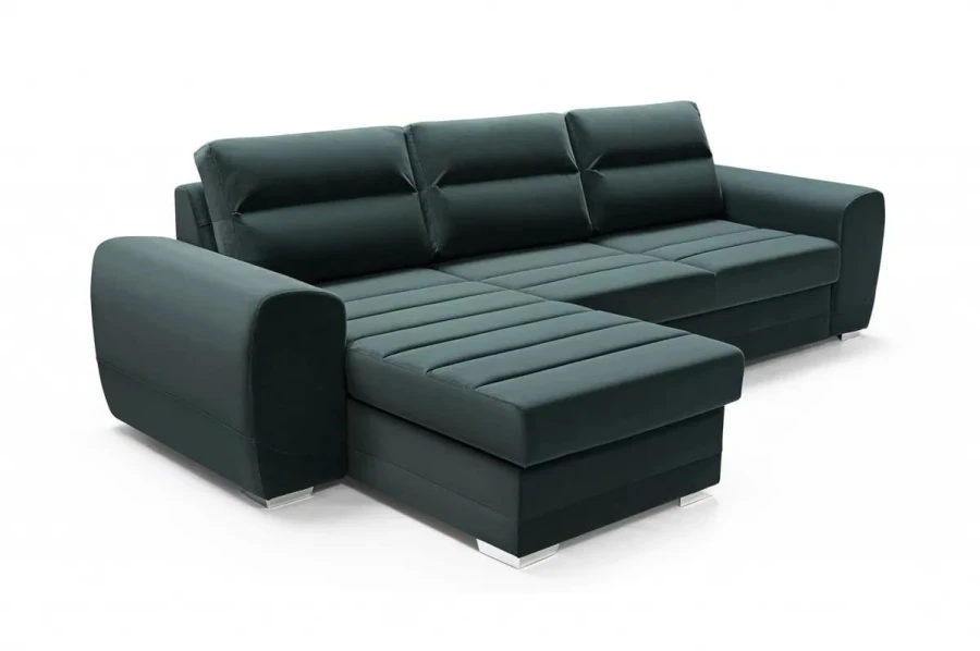 Ecksofa in Dunkelgrün mit Schlaffunktion und verstellbaren Kopfstützen, moderne Couch.
