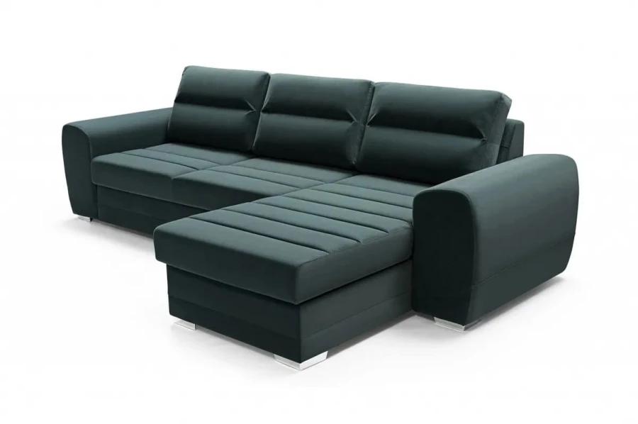 Modernes L-Sofa in Petrol mit Metallfüßen, Eckcouch für das Wohnzimmer, Seitenansicht.