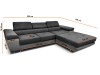 Graues Ecksofa mit Maßen in Zentimetern, L-Form mit Liegefläche.