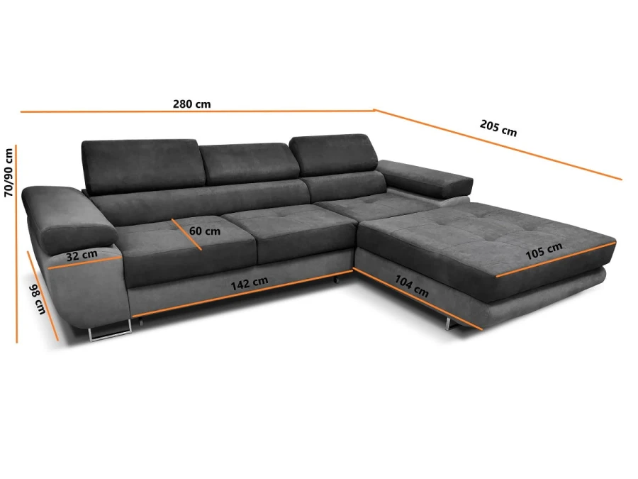 Graues Ecksofa mit Maßen in Zentimetern, L-Form mit Liegefläche.