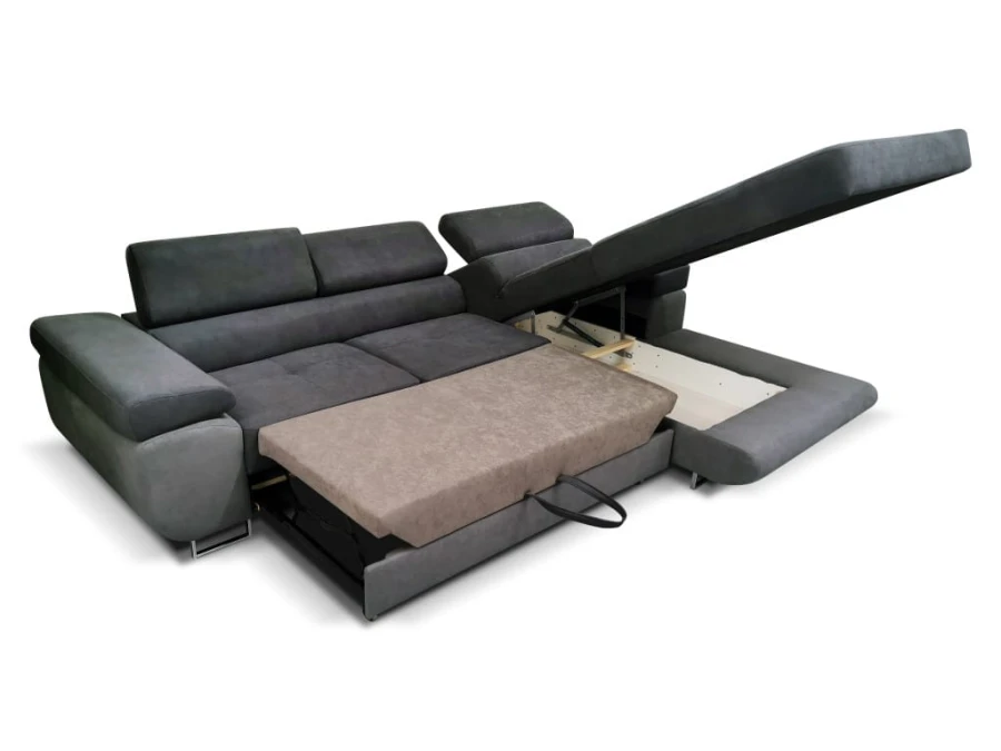Graues Schlafsofa mit ausziehbarer Liegefläche und integriertem Bettkasten.