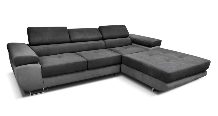 Modernes Ecksofa in Grau mit verstellbaren Kopfstützen und Metallfüßen.