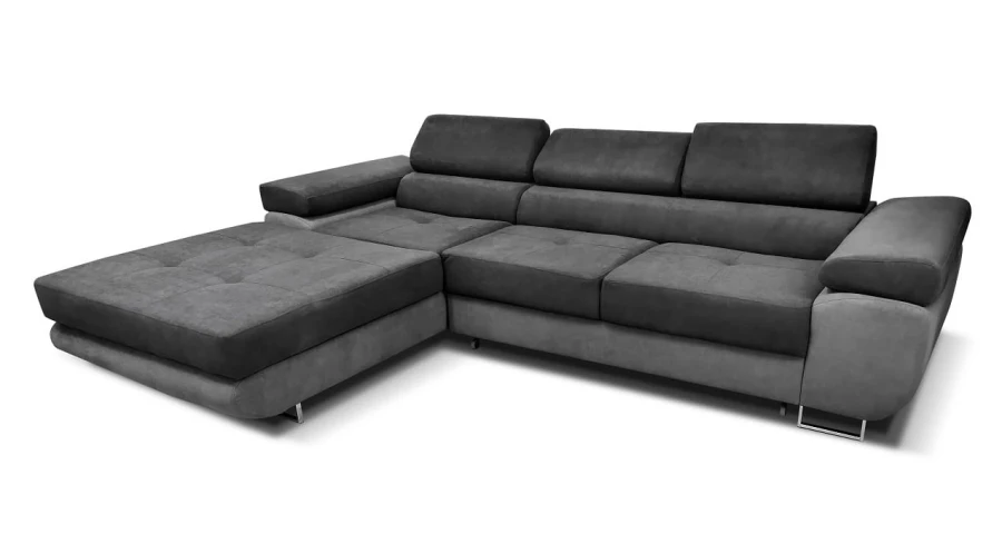 Graues Ecksofa mit Schlaffunktion und Bettkasten in L-Form.