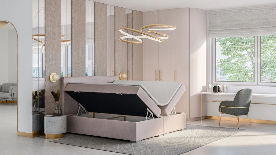 Modernes Schlafzimmer mit beige Boxspringbett und offenem Bettkasten für Stauraum.