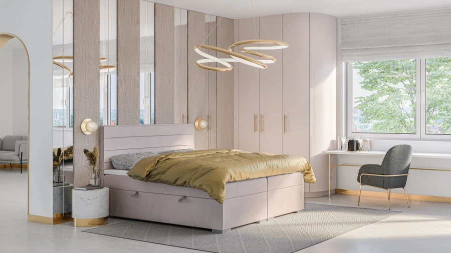 Luxuriöses Schlafzimmer mit gemachtem beige Boxspringbett und goldener Bettwäsche.