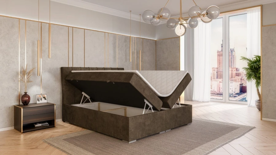 Modernes Schlafzimmer mit braunem Boxspringbett und offenem Stauraum.