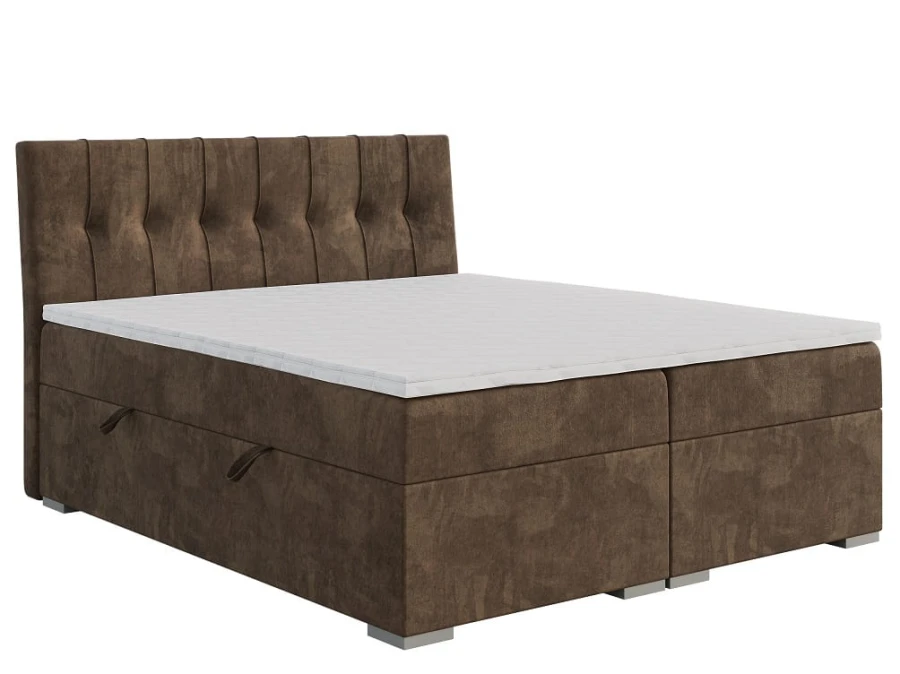 Braunes Boxspringbett mit dekorativ gestepptem Kopfteil geschlossen.