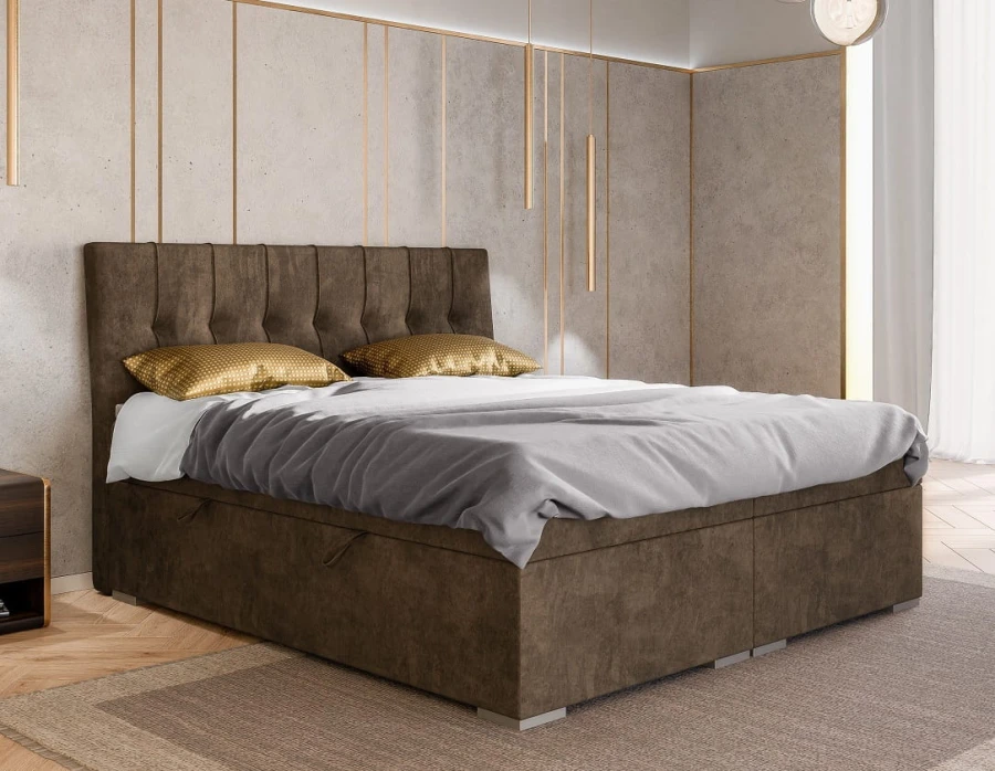 Braunes Polsterbett mit gestepptem Kopfteil in einem modernen Schlafzimmer.