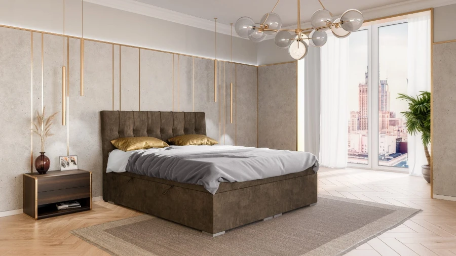 Modernes Schlafzimmer mit braunem Boxspringbett, Design-Lampe und Fensterfront.